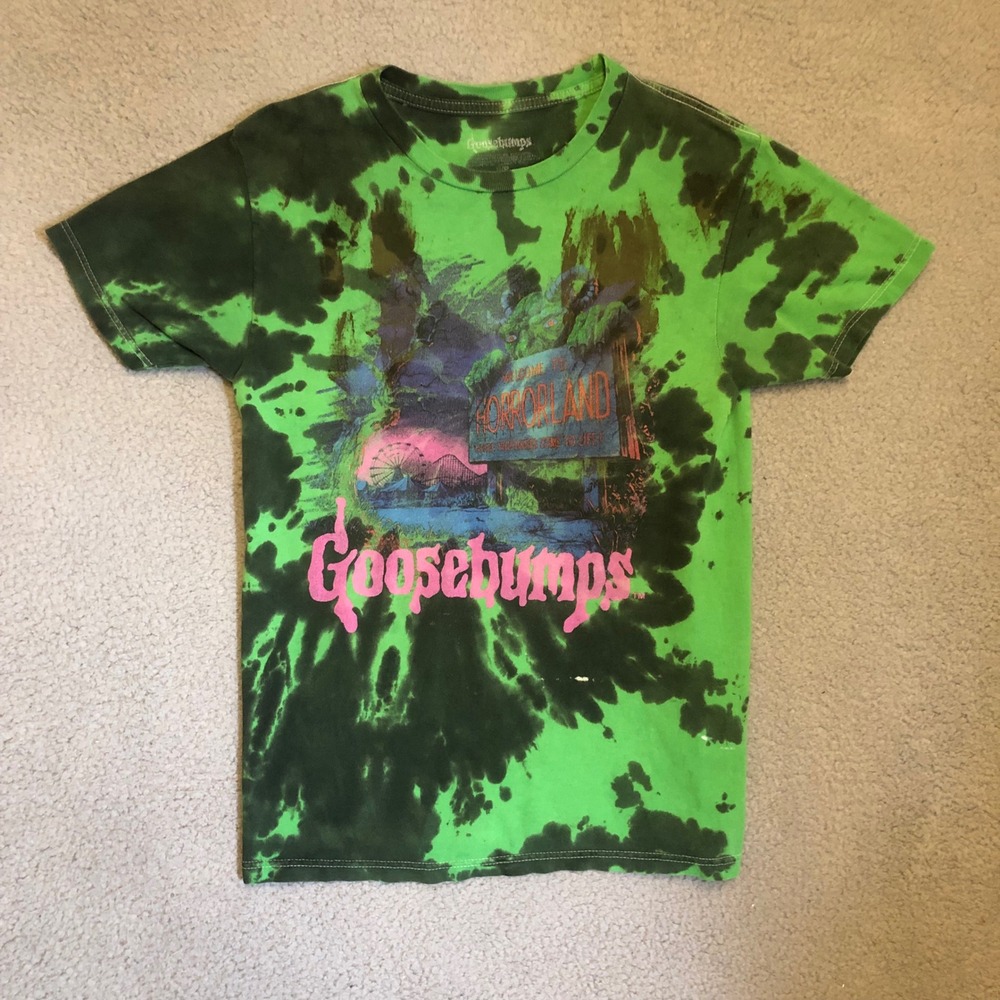 Vtg y2k Goosebumps Horrorland Tie Dye Shirt Neon Green Black Graphic Tee Small